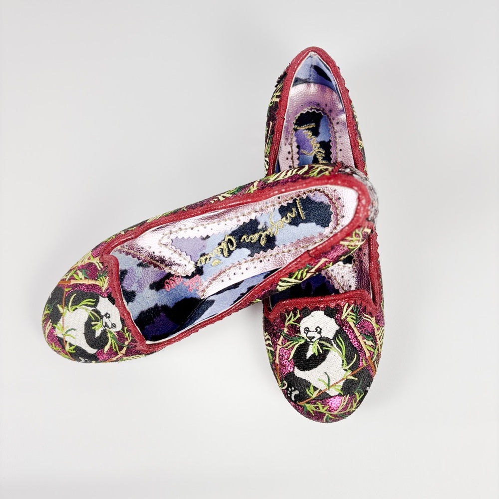 Irregular Choice Panda Pop Loafers Red Gold Embroidered Flats